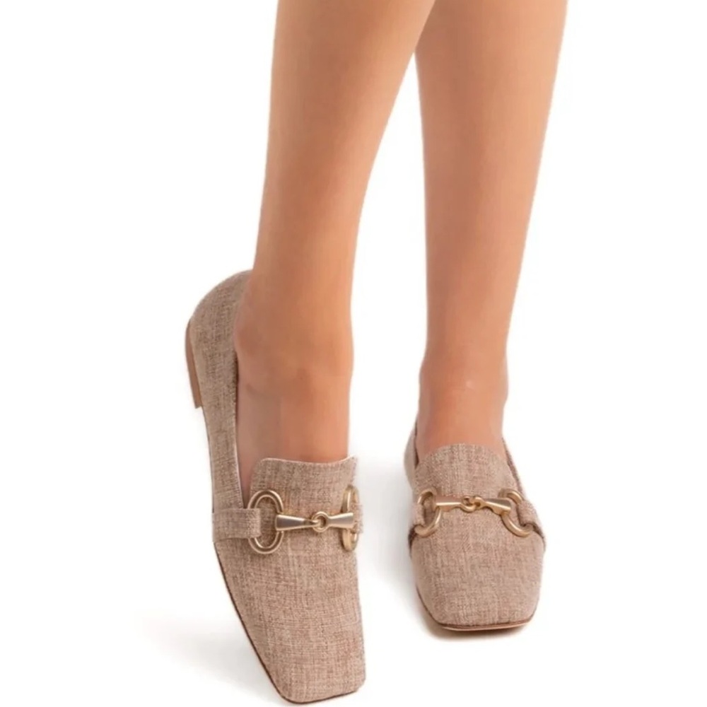 Linen European Ladies Beige Tweed Horsebit Loafers - Elegant Slip-On Flats